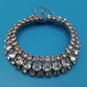 Vintage 1950s Clear Rhinestone Bracelet Rhodium Wedding Safety Chain